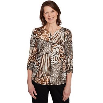 Petite Alfred Dunner Puff Print Animal Colorblock Top