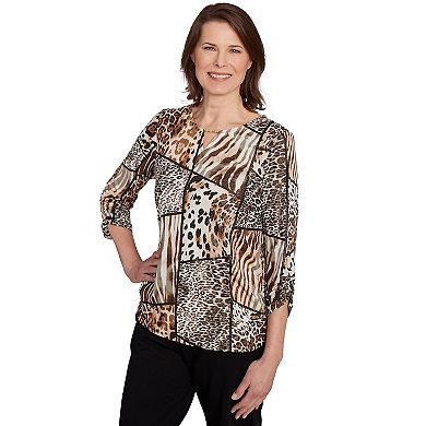 Petite Alfred Dunner Puff Print Animal Colorblock Top