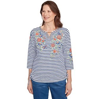 Women's Alfred Dunner Floral Stripe Ruched Sides Top