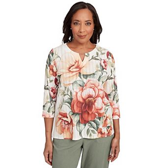 Petite Alfred Dunner Dramatic Floral Beaded Splitneck Top