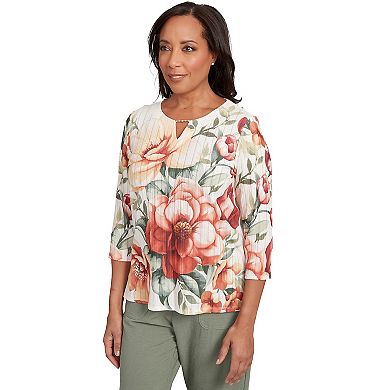 Petite Alfred Dunner Dramatic Floral Beaded Splitneck Top