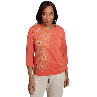 Petite Alfred Dunner Floral Embroidered Side Tie Ruching Top