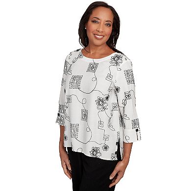 Petite Alfred Dunner Geometric Floral Soutache Embroidered Top