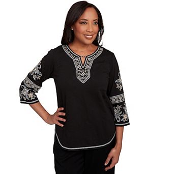 Petite Alfred Dunner Beaded Neck Embroidered Sleeve Top