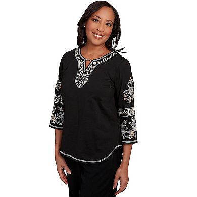 Petite Alfred Dunner Beaded Neck Embroidered Sleeve Top