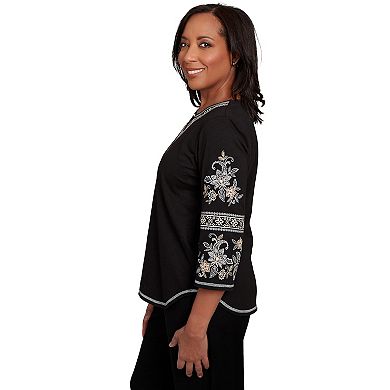 Petite Alfred Dunner Beaded Neck Embroidered Sleeve Top