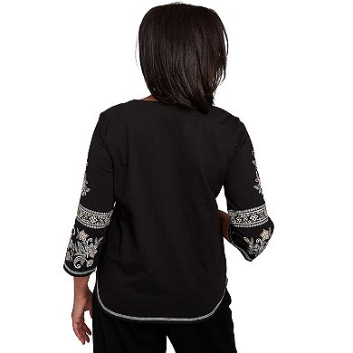 Petite Alfred Dunner Beaded Neck Embroidered Sleeve Top