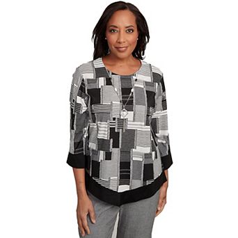 Petite Alfred Dunner Patchwork Solid Black Trim Top
