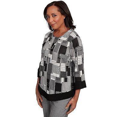 Petite Alfred Dunner Patchwork Solid Black Trim Top