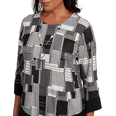 Petite Alfred Dunner Patchwork Solid Black Trim Top