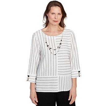 Petite Alfred Dunner Splice Textured Stripe Top with Necklace