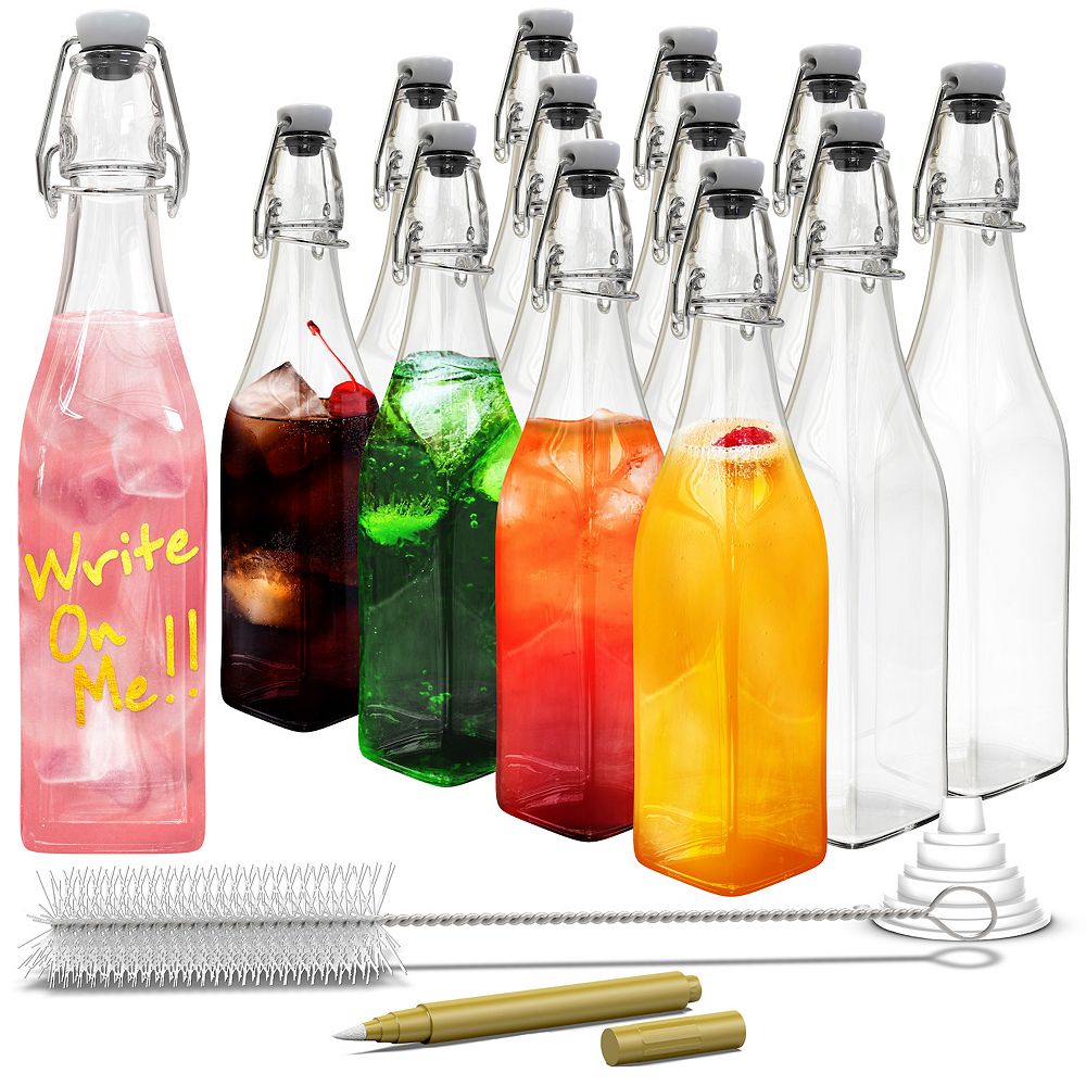 Nevlers 17 Oz. Dotted Round Swing Top Glass Bottles With Funnel, Bottle Brush And Glass Marker (Set Of-12) NG-23 - The Home Depot