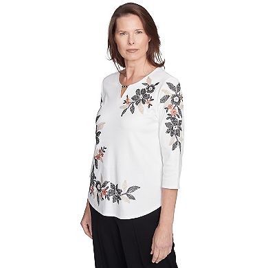 Alfred Dunner Women's Earthy Floral Embroidered Textured Top