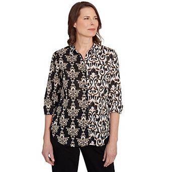 Alfred Dunner Women's Medallion Twin Print Button-Front Top