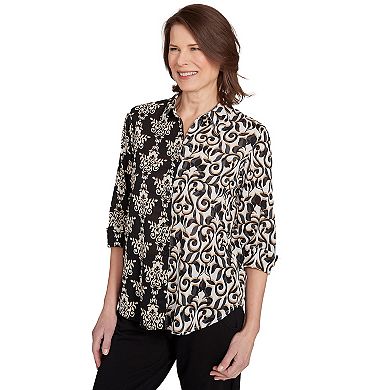 Alfred Dunner Women's Medallion Twin Print Button-Front Top