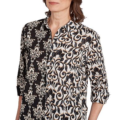 Alfred Dunner Women's Medallion Twin Print Button-Front Top
