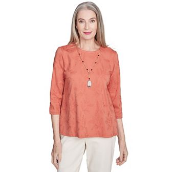 Alfred Dunner Women's Solid Leaf Embroidered Top with Necklace