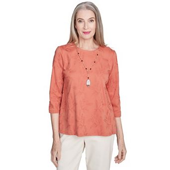 Alfred Dunner Women's Solid Leaf Embroidered Top with Necklace