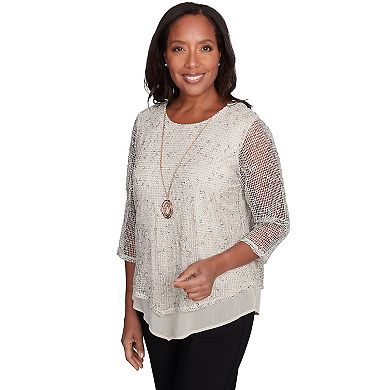 Alfred Dunner Petite Popcorn Mesh Speckled Top with Necklace