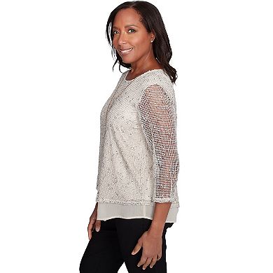 Alfred Dunner Petite Popcorn Mesh Speckled Top with Necklace