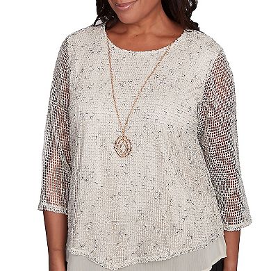 Alfred Dunner Petite Popcorn Mesh Speckled Top with Necklace