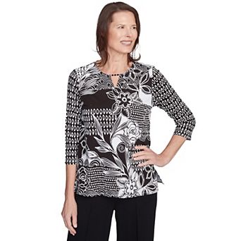 Alfred Dunner Petite Monotone Patch Beaded Split Neck Top