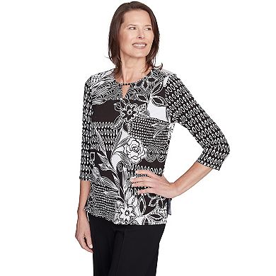 Alfred Dunner Petite Monotone Patch Beaded Split Neck Top