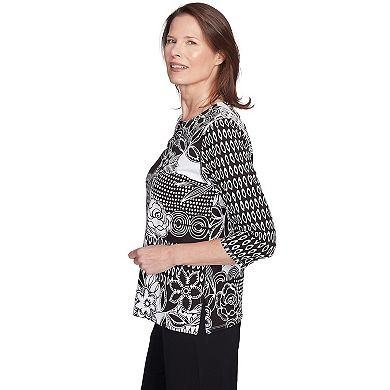 Alfred Dunner Petite Monotone Patch Beaded Split Neck Top