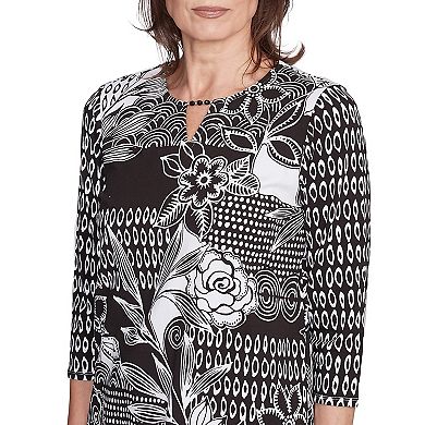 Alfred Dunner Petite Monotone Patch Beaded Split Neck Top