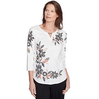 Alfred Dunner Petite Earthy Floral Embroidered Textured Top