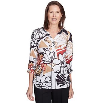 Alfred Dunner Petite Bold Floral Illustrated Henley Top