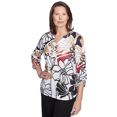 Alfred Dunner Petite Bold Floral Illustrated Henley Top
