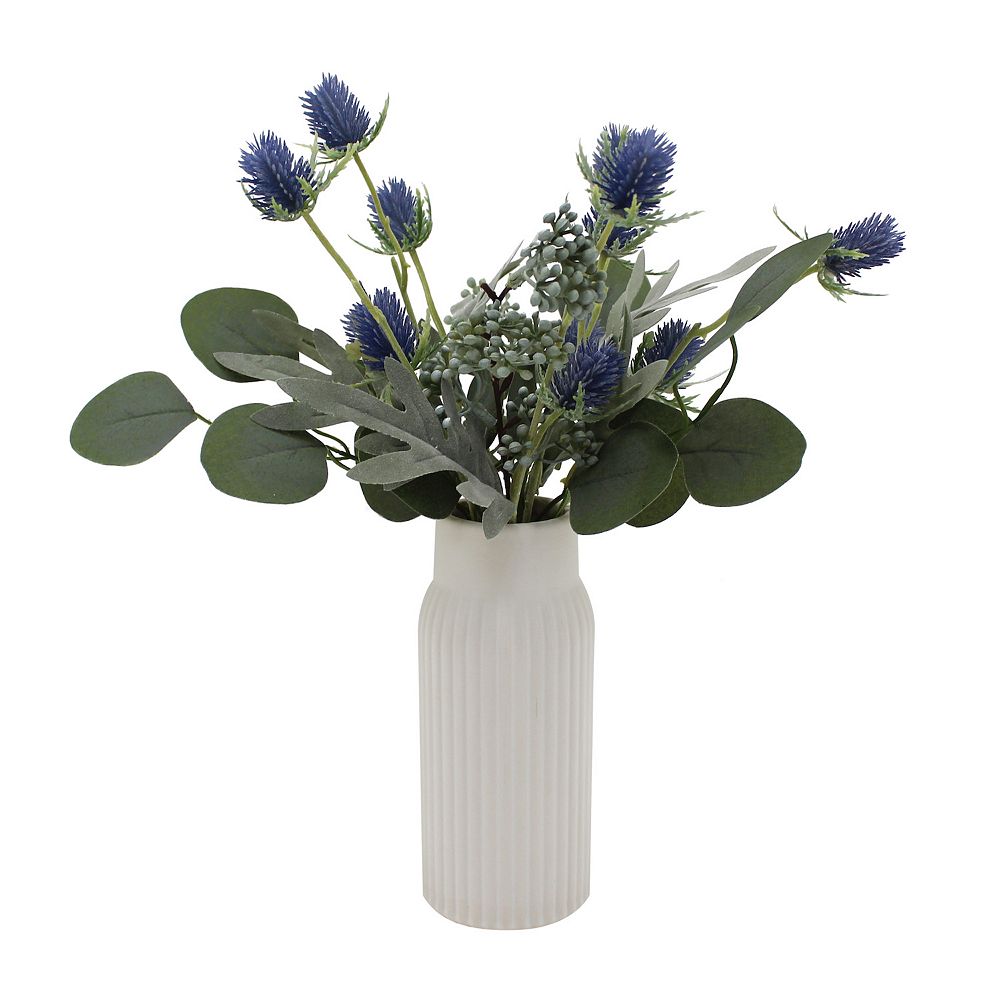 Everyday Decor Artificial Blue Botanical Stack in Ceramic Vase Floor Decor