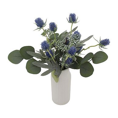 Everyday Decor Artificial Blue Botanical Stack in Ceramic Vase Floor Decor