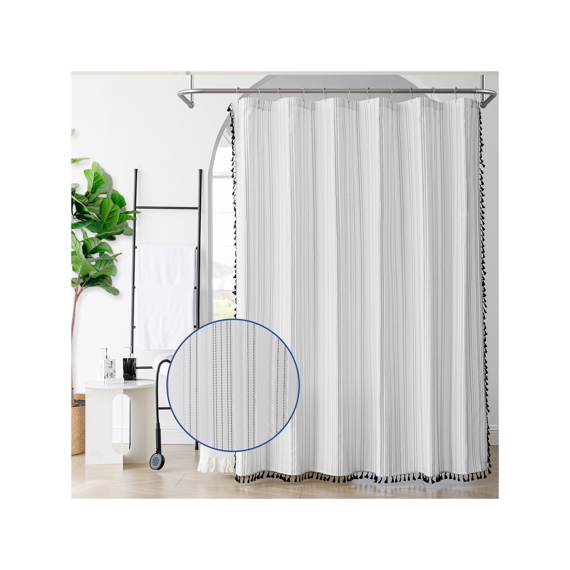 Awesome Home Stripe Texture Tassels Shower Curtain, Size: 72X72, White Blac