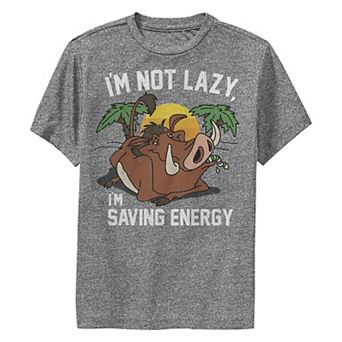 Disney's The Lion King Pumbaa I'm Not Lazy I'm Saving Energy Boys 8-20 Performance Graphic Tee