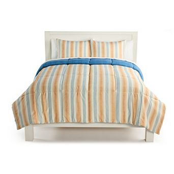 The Big One Multiclor Stripe and Solid Blue 3 pc Reversible Comforter Set