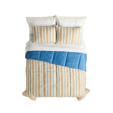 The Big One Multiclor Stripe and Solid Blue 3-Piece Reversible Comforter Set