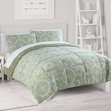 The Big One Sage Green Floral Medallions 3-Piece Reversible Comforter Set