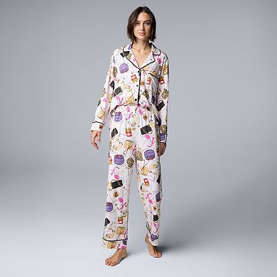 Petite Simply Vera Vera Wang Cozy Long Sleeve Notch Pajama Top & Pajama Pant Set