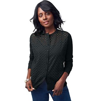 Jessica London Women's Plus Size Fine Gauge Eyelet Cardigan