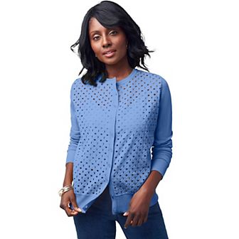 Jessica London Women's Plus Size Fine Gauge Eyelet Cardigan