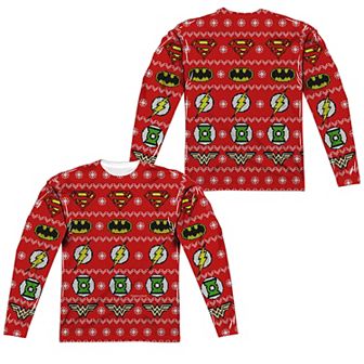 Men's Justice League Ugly Christmas Sweater of Justice Long Sleeve Sublimated Graphic Tee