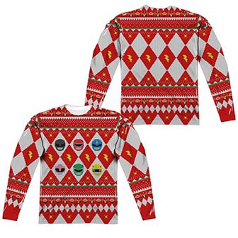 Men's Power Rangers Ugly Christmas Sweater Long Sleeve Sublimated Graphic Tee