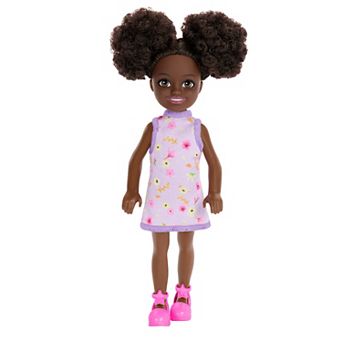 Barbie Chelsea Doll, Small Doll Wearing Removable Purple Floral Dress with Space Buns & Brown Eyes by Mattel