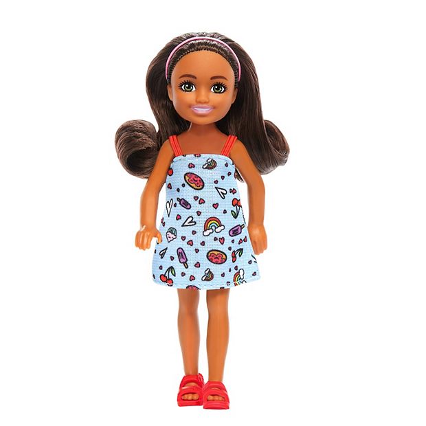 Barbie Chelsea Doll, Small Doll Wearing Removable Blue Dress with Brown  Hair & Green Eyes by
