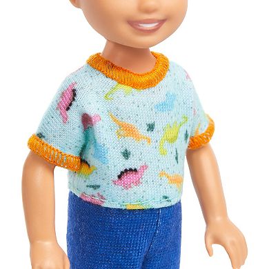 Barbie Chelsea Doll, Small Boy Doll Wearing Removable One-Piece with Dino Print, Blond Hair & Blue Eyes by Mattel