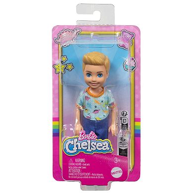 Barbie Chelsea Doll, Small Boy Doll Wearing Removable One-Piece with Dino Print, Blond Hair & Blue Eyes by Mattel