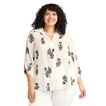 Plus Size AB Studio Embroidered Button Front Tie-Front Top