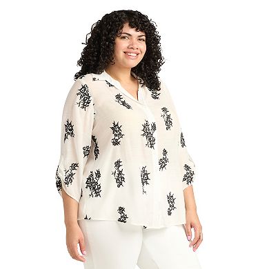 Plus Size AB Studio Embroidered Button Front Tie-Front Top